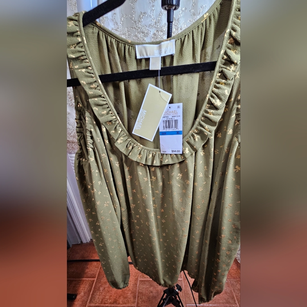 Michael Kors Olive Green Blouse with Gold Accents